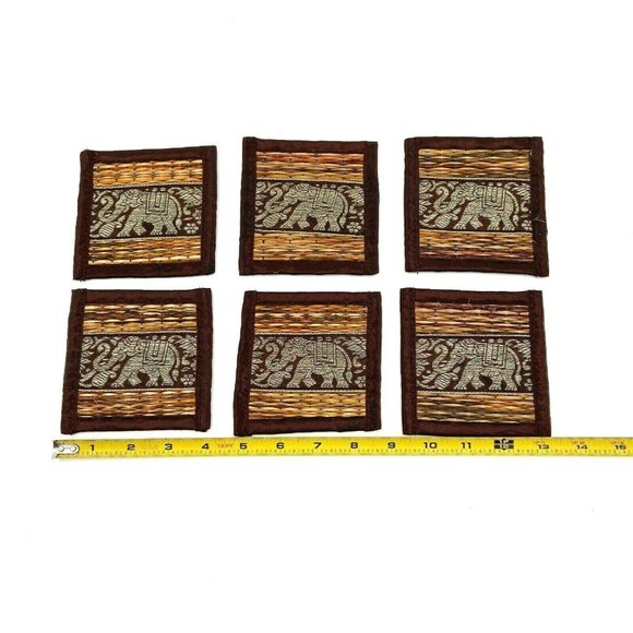 Set Of 6 Straw Embroidered Elephant Coasters With Satin Trim Bohemian Boho Decor - Picture 2 of 4